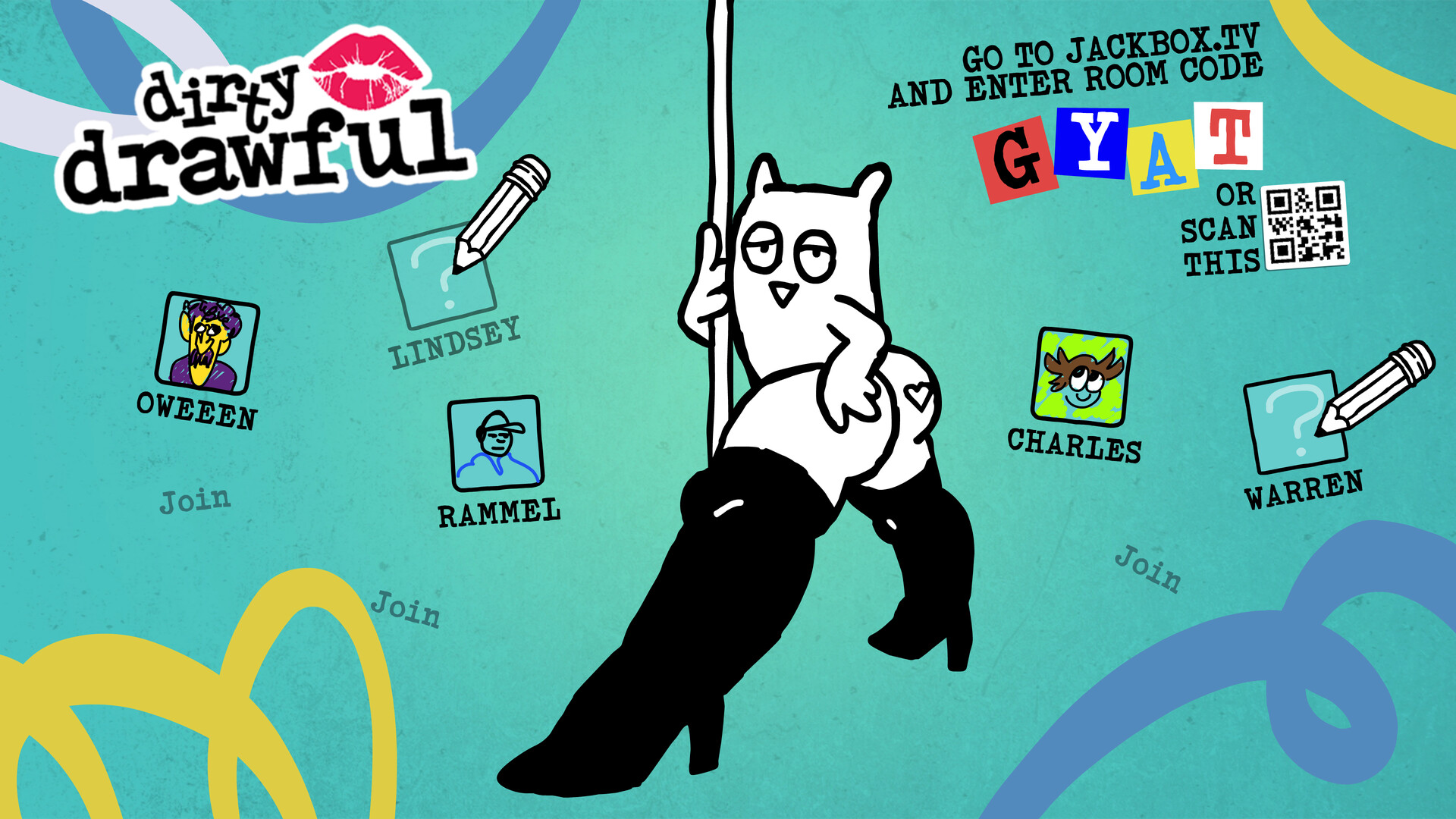 The Drawful owl, a roughly drawn black and white owl, strikes a stunning pose with big high heeled boots on a stripper pole, in the lobby of Dirty Drawful as part of The Jackbox Naughty Pack.