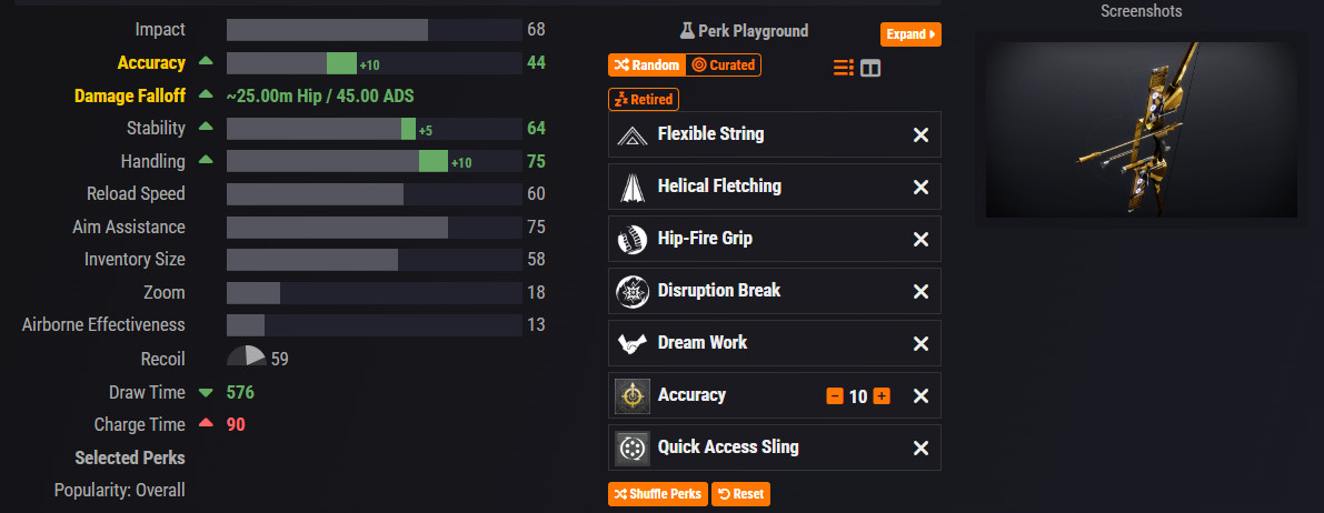 An image showing the perk selection and stats for a god rolled Fortunate Star bow in Destiny 2