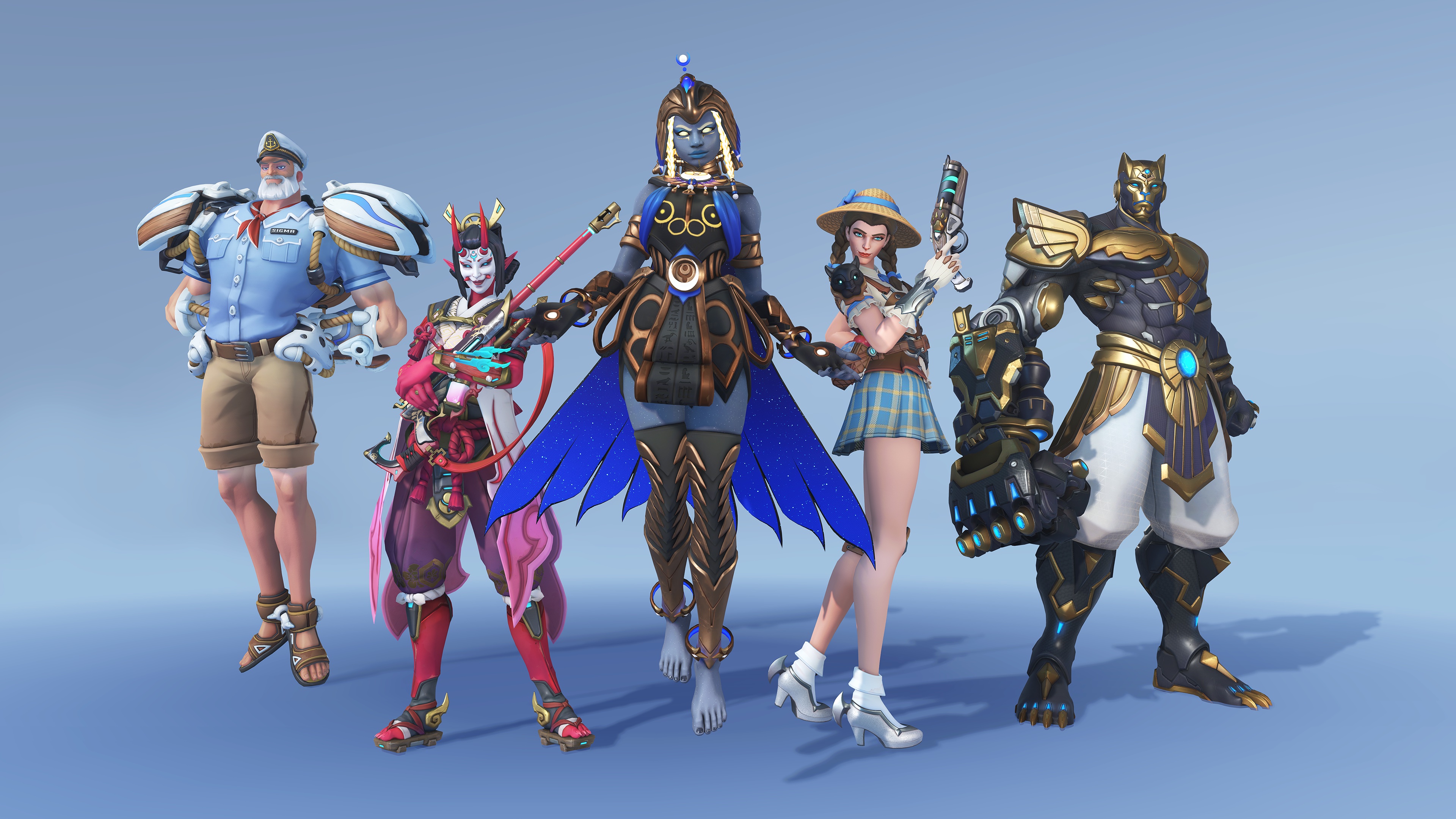 Captain Sigma, Oni Ana, Thoth Illari, Dorothy Ashe, and Bast Doomfist pose in artwork from Overwatch 2