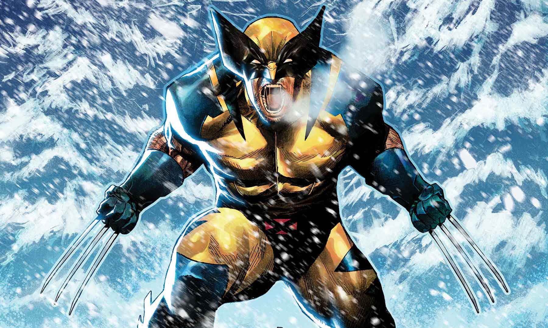 Detail from the cover of 2024’s Wolverine #1, with a roaring Wolverine standing in snow with his claws out, eyes narrowed to slits