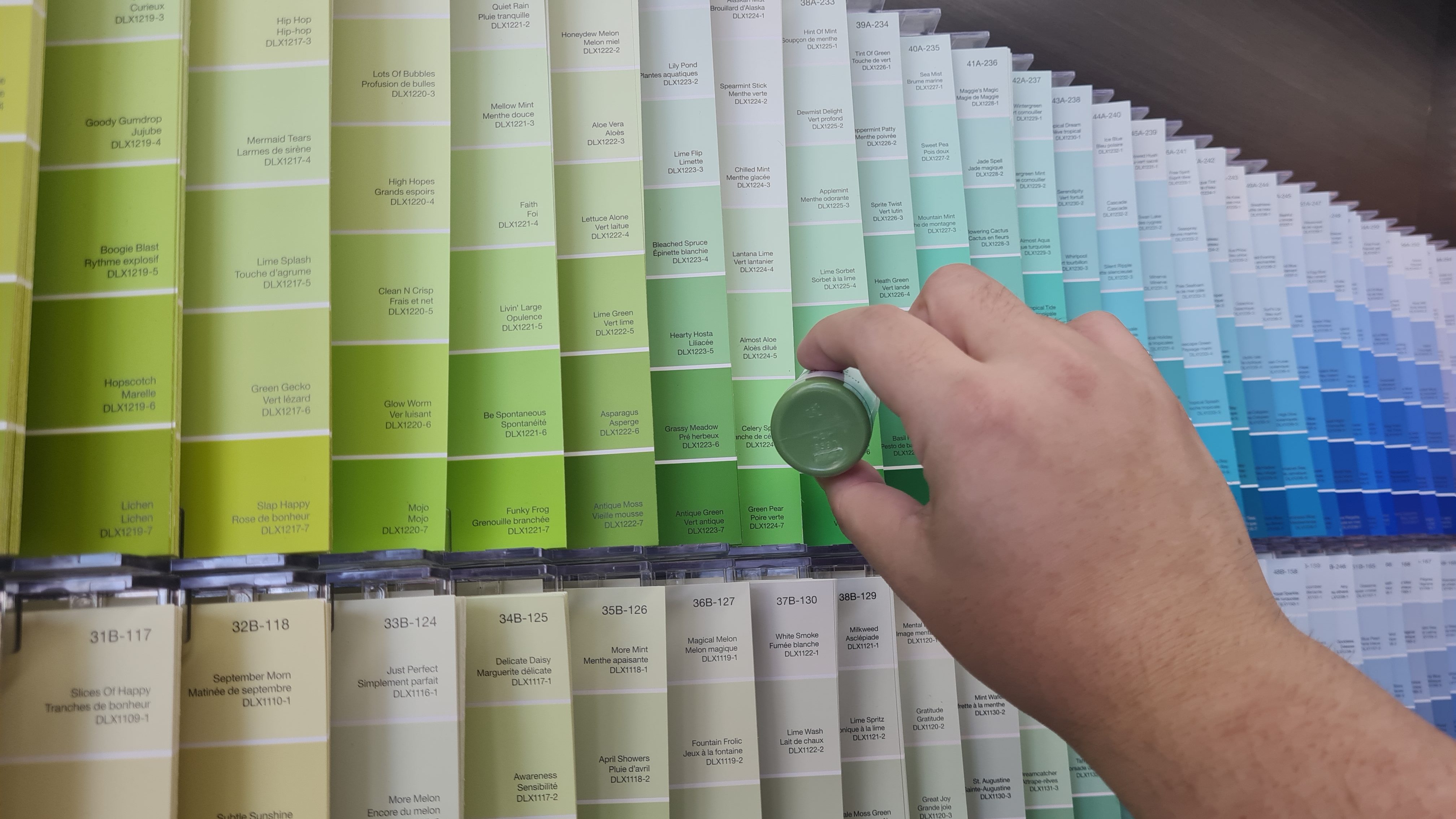 A photograph of a hand holding up a small container of green paint in front of a huge row of a paint swatches in various colors of green