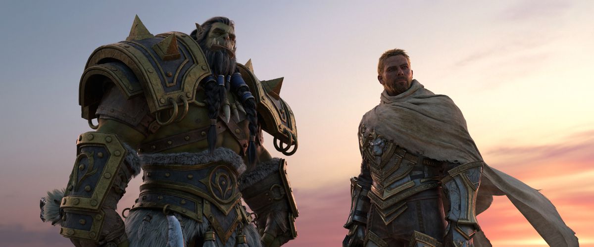 Thrall and Anduin look out upon a sunset in a still from the cinematic trailer for World of Warcraft: The War Within