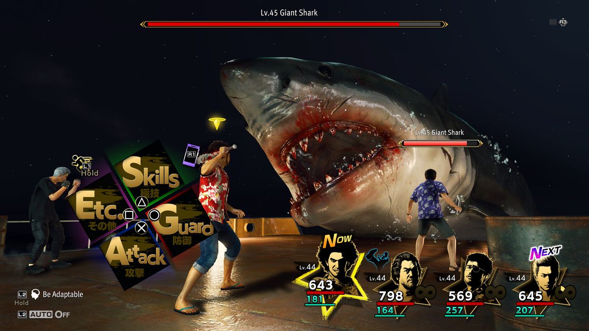 A battle scene from Like A Dragon: Infinite Wealth, with Ichiban facing a level 45 giant shark.
