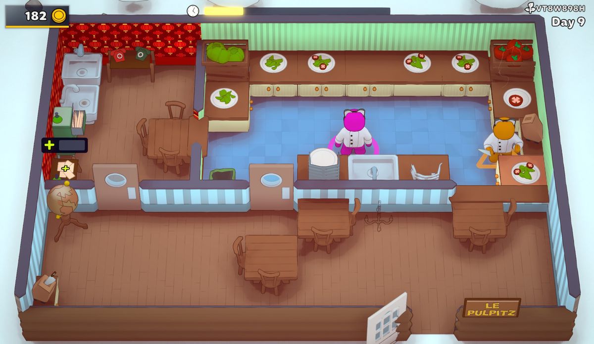 Two restaurant workers with cat ears get set up in their restaurant in PlateUp!