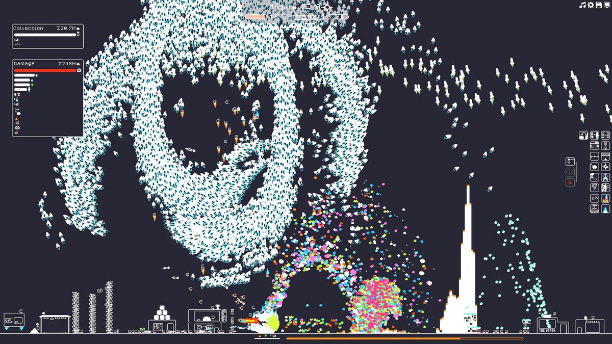 A seemingly endless array of tiny figures against a black screen in (the) Gnorp Apologue.