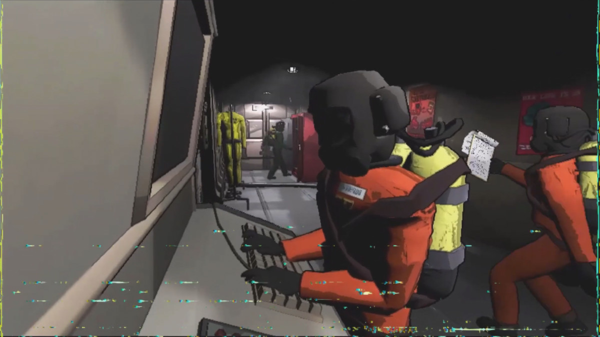 An image from the video game Lethal Company with a rudimentary avatar of a space explorer typing at a computer console in an orange suit with other similarly adorned avatars nearby.