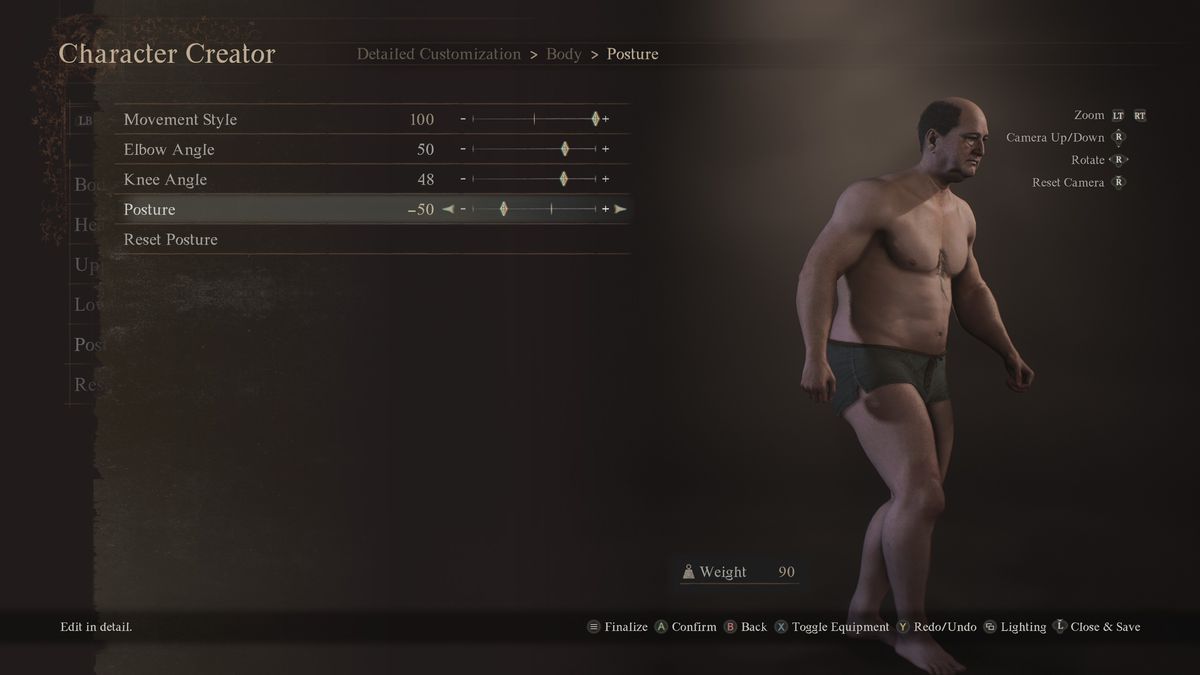 The posture screen in the Dragon’s Dogma 2 character creator, showing a heavyset, balding middle aged man in his underwear, walking with a slight stoop