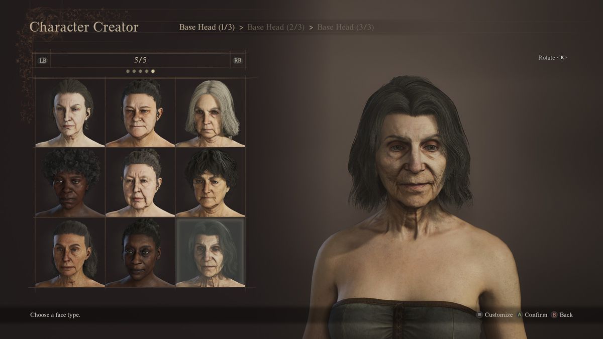 A headshot of an old white woman with a deeply wrinkled neck in the Dragon’s Dogma 2 character creator. Next to her appear a range of other old faces of various ethnicities to choose from