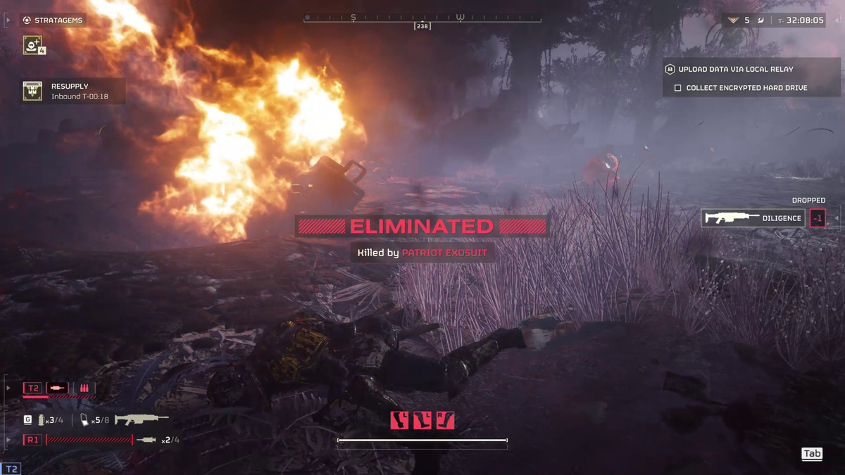 A scene from the game Helldivers 2 with the wreckage of a mech suit in view and the player character dead on the ground. Text on screen reads “killed by Patrioit Exosuit” 