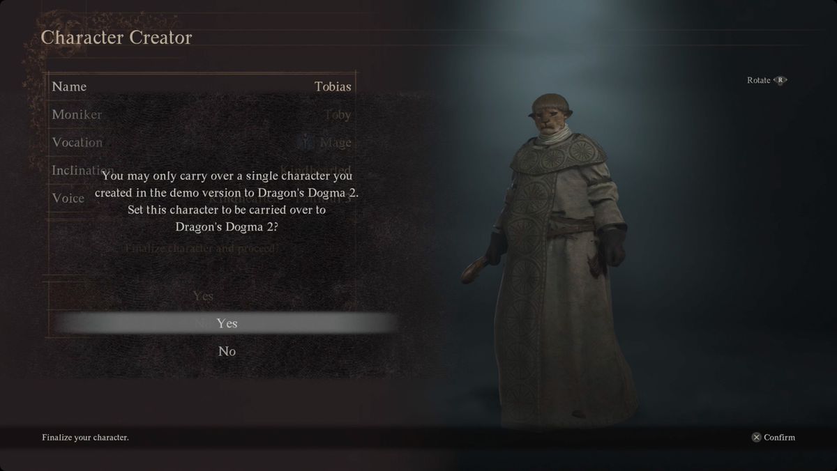 Dragon’s Dogma 2 Character Creator Main Pawn with a warning that you can only carry over a single character