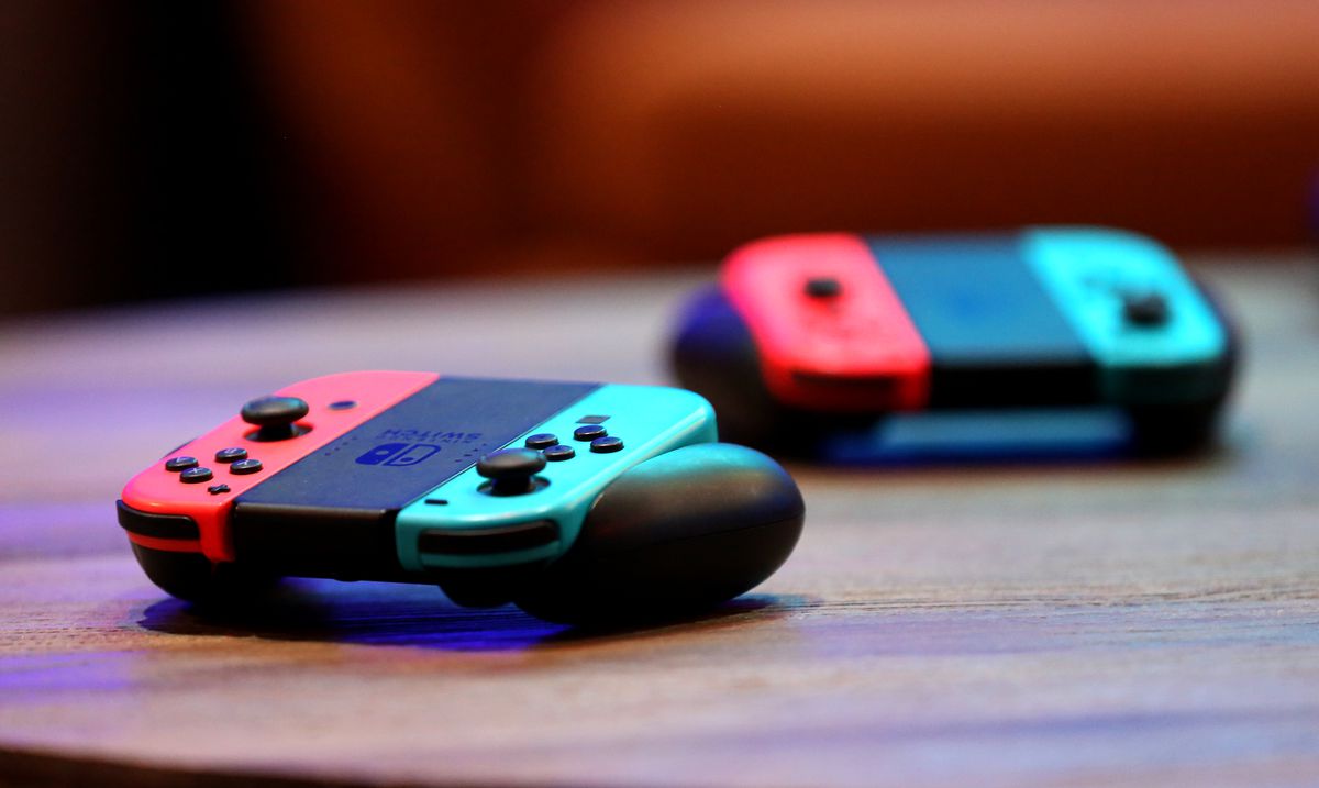 Nintendo Joy-Con wireless controllers for the Nintendo Switch are displayed during the debut of Allied Esports’ “PlayTime With KittyPlays” esports variety show at HyperX Esports Arena Las Vegas at Luxor Hotel and Casino on March 24, 2019 in Las Vegas, Nevada.