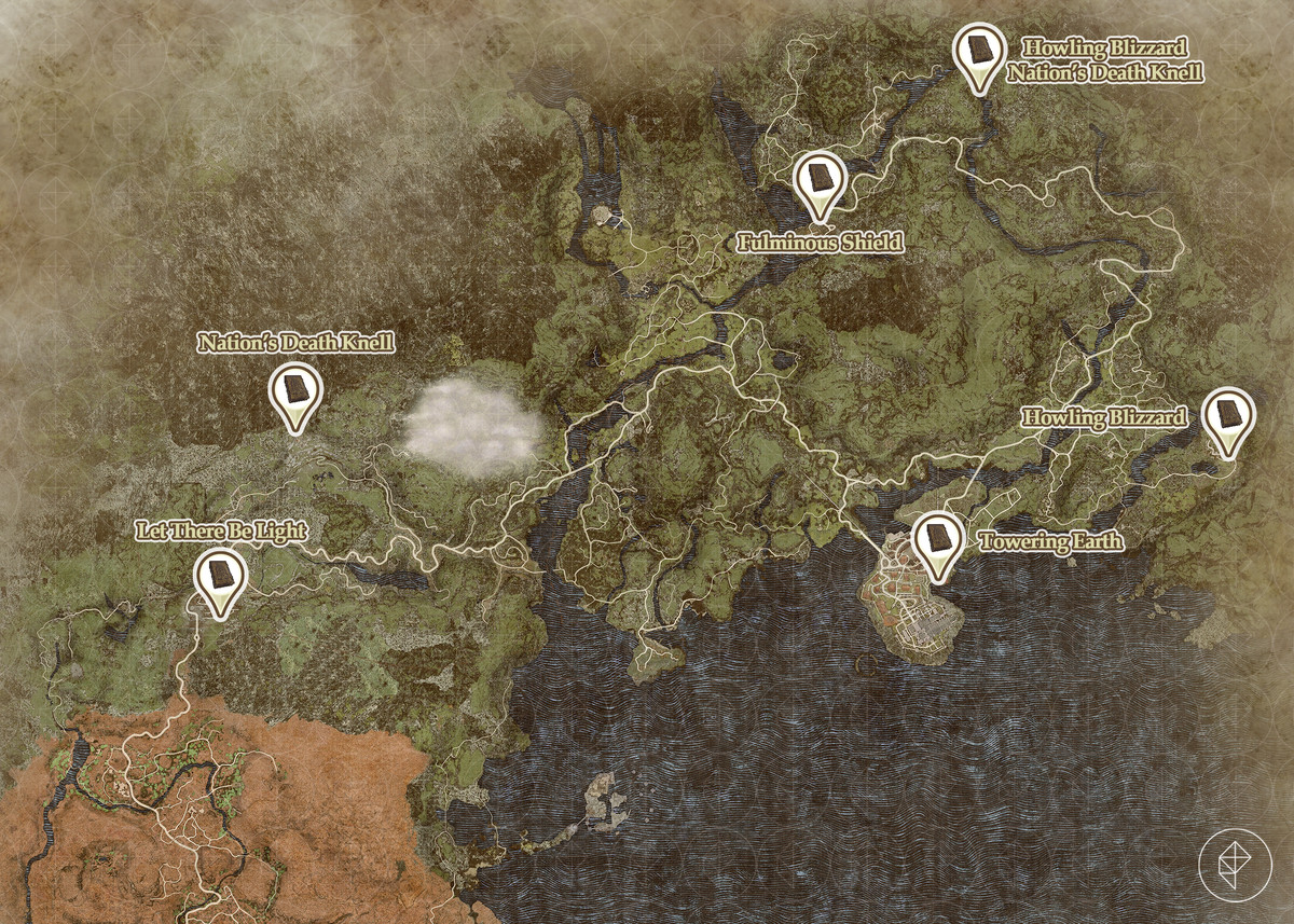 Dragon’s Dogma 2 map showing the locations of the five (seven total) grimoires