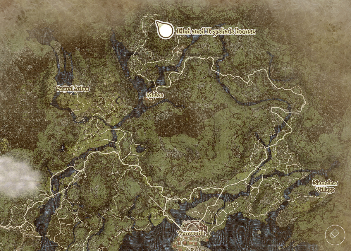 Dragon’s Dogma 2 map showing the location of Trysha and Eini’s house