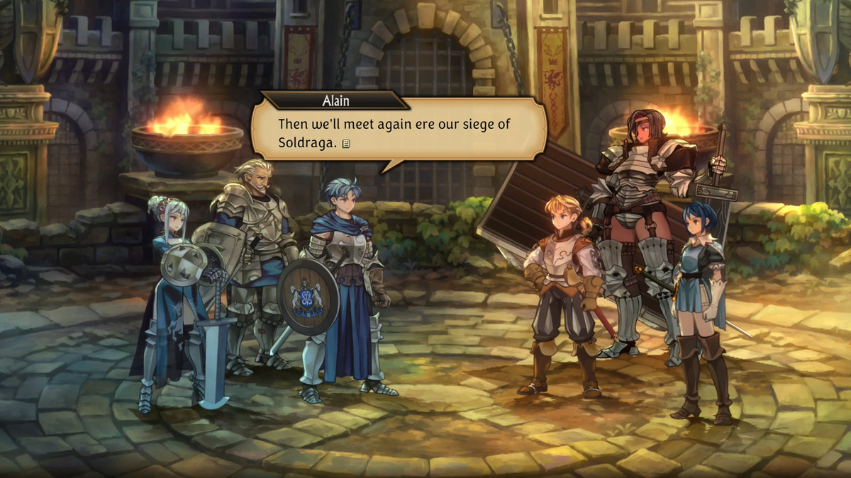 A blue-haired swordsman addresses a group of other armored warriors, saying, “Then we’ll meet again ere our siege of Soldraga.”