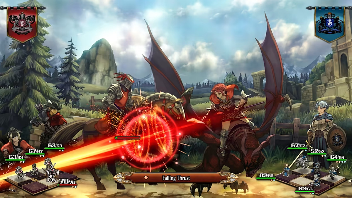 A fighter on horseback stabs another warrior, also on horseback, with a lance surrounded by glowing red power