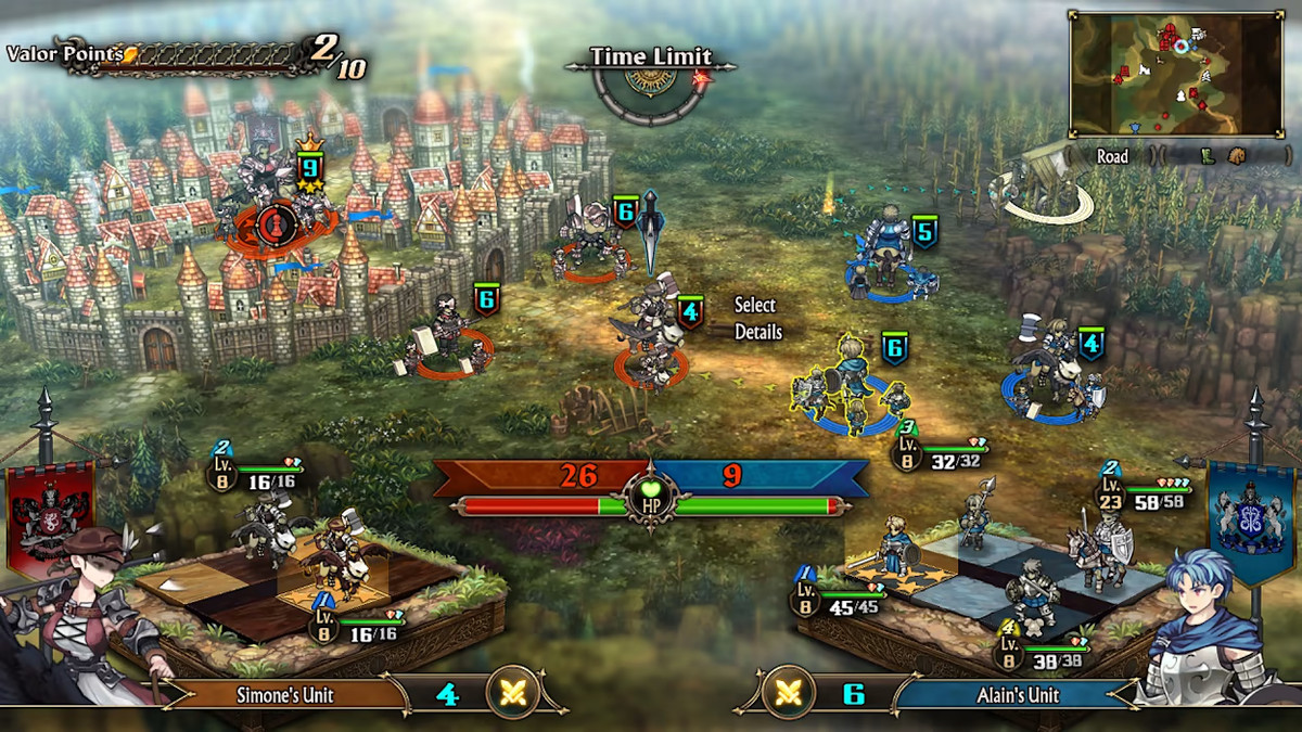 An isometric view of a battlefield in Unicorn Overlord, with different unit groupings highlighted by either red or blue circles
