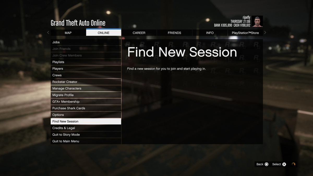 GTA Online menu to find a new session
