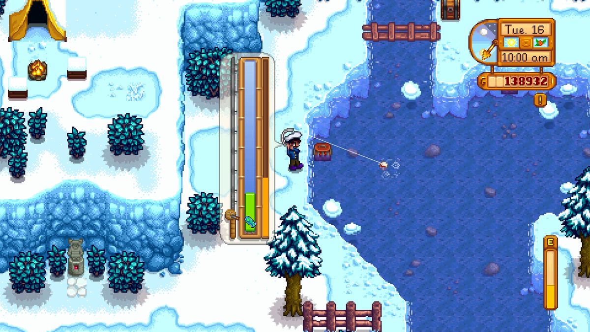 My avatar, Ernest Hemingway, fishing in the mountain lake in Stardew Valley