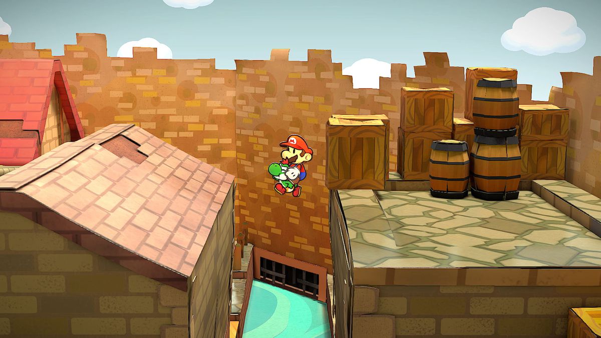 Mario rides on the back of a Yoshi to jump over a roof gap in a screenshot from Paper Mario: The Thousand-Year Door