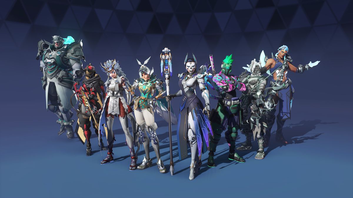 Overwatch 2 characters Sigma, Ana, Kiriko, Tracer, Mercy, Genji, Hanzo, and Junker Queen lined up in a V-formation and wearing their respective mythic skins