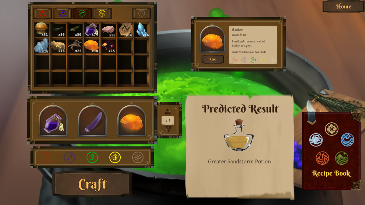 A screenshot of the potions crafting screen in Potions: A Curious Tale, depicting multiple ingredients and a completed potion in a glass bottle labeled Greater Sandstorm Potion