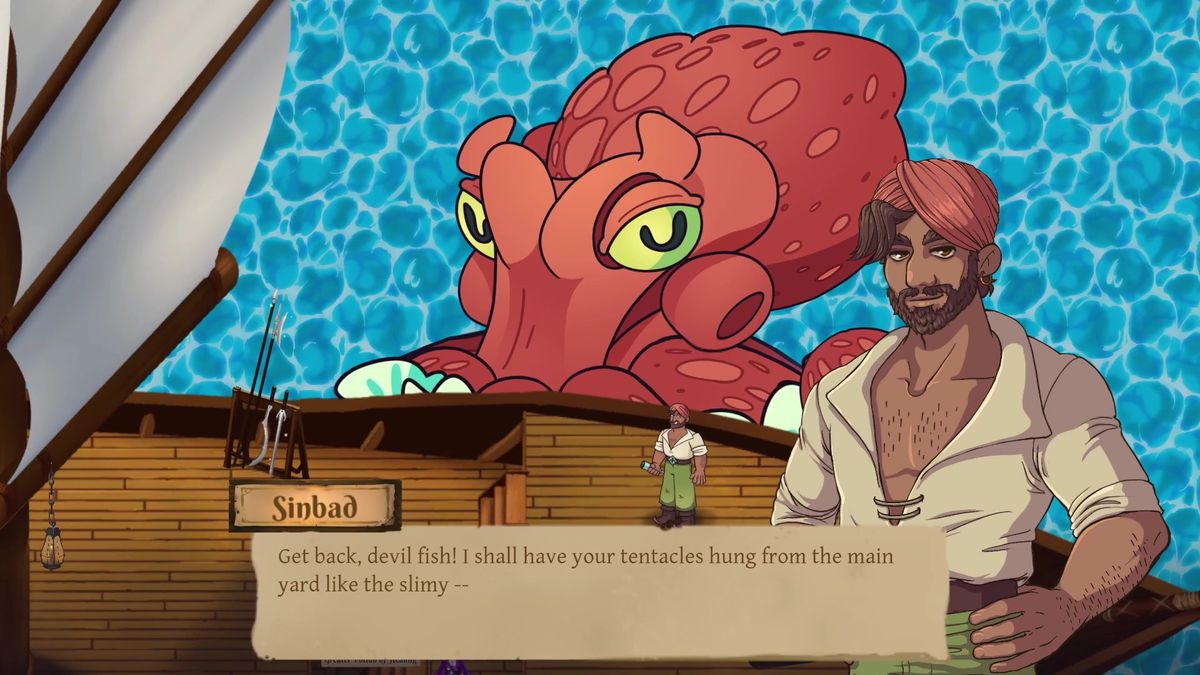 Sinbad — a man in a turban, a low-cut white shirt, and green pants — stands on a boat in front of a massive pink octopus, saying, “Get back, devil fish! I shall have your tentacles hung from the main yard like the slimy —”