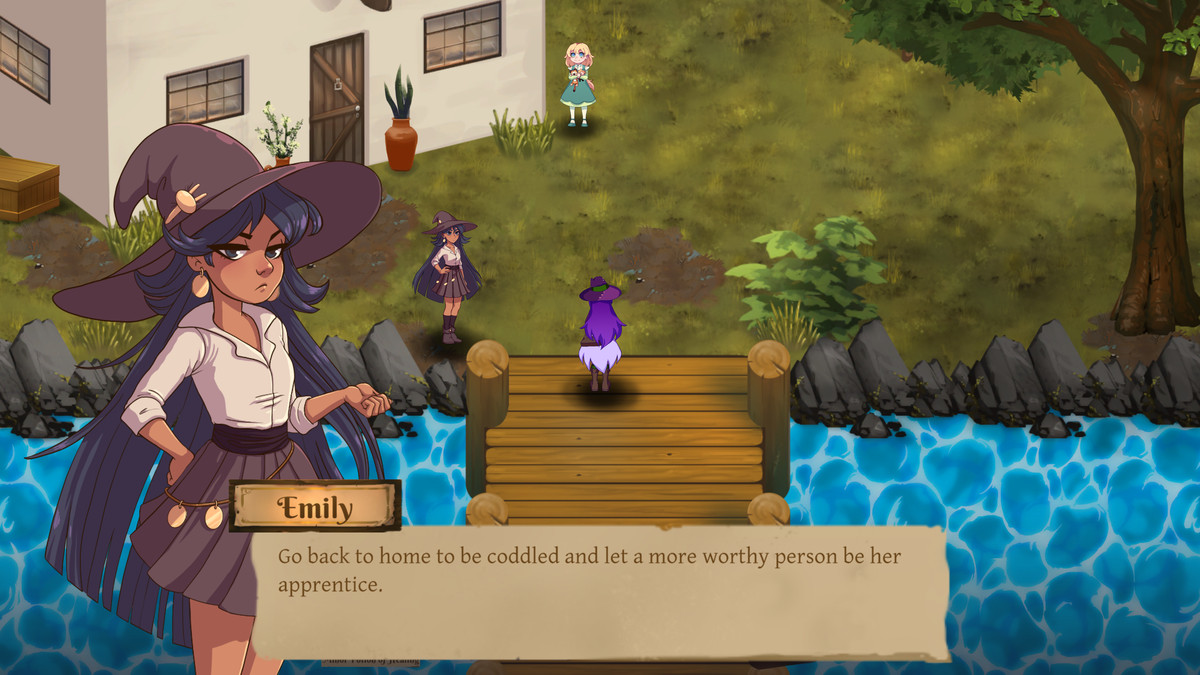 Emily, another witch, sneeringly addresses Luna (the main character of Potions: A Curious Tale) outside a cottage, saying, “Go back home to be coddled and let a more worthy person be her apprentice.”