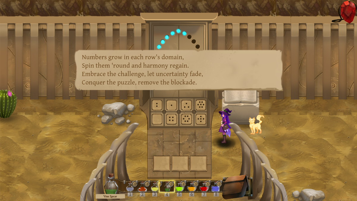 Luna, a witch with purple hair, faces towards a puzzle composed of six-sided dice in various orientations; a dialog box on the screen describes the puzzle with a poem that reads, “Numbers grow in each row’s domain / Spin them ‘round and harmony regain / Embrace the challenge, let uncertainty fade / Conquer the puzzle, remove the blockade.”
