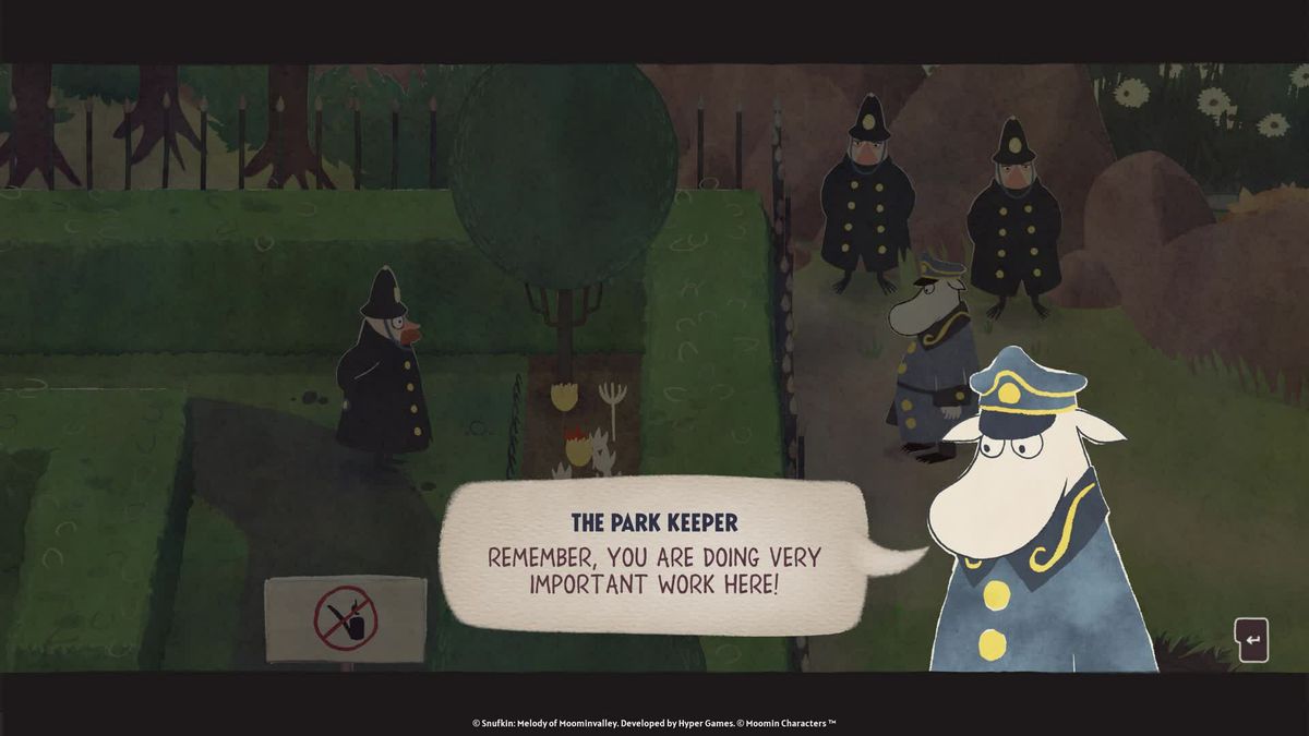 The Moomin park keeper telling police officers they are doing good work in Snufkin: Melody of Moominvalley