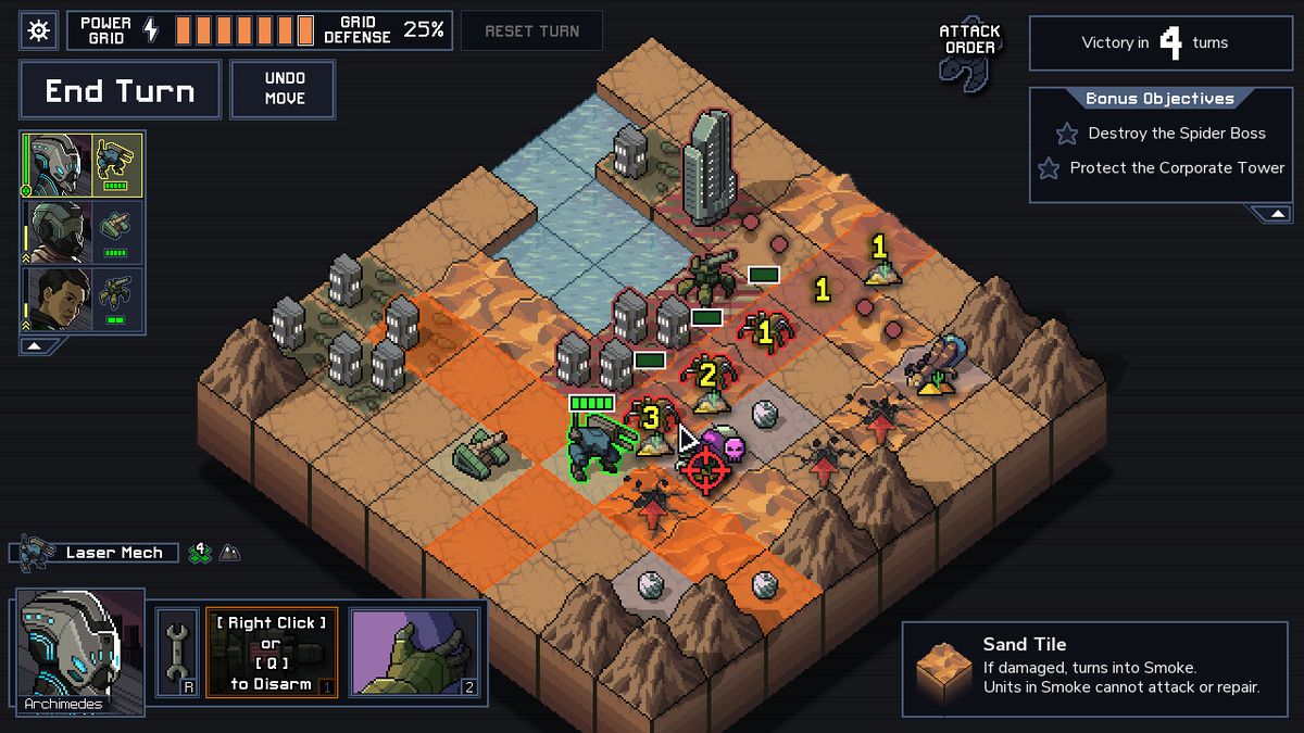 An eight-by-eight grid where Into the Breach’s battles play out will include flat tiles, cities and water features as well as mountains