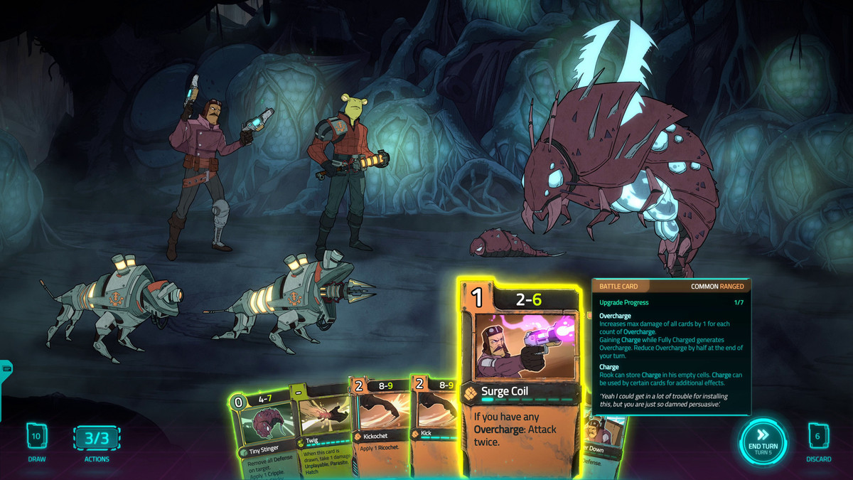 A screenshot showing a card battle in Griftlands