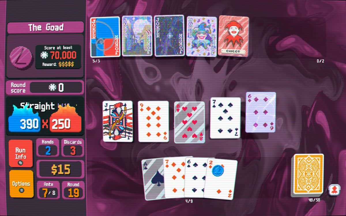 A screenshot of a boss battle in Balatro, depicting a top-down view of cards on a table, with a series of special Joker cards splayed out at the top of the screen, the player’s played hand in the middle, and the rest of their hand at the bottom.