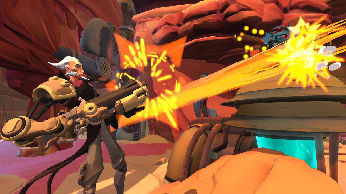 An old man character firing a bright gun in Gigantic: Rampage Edition.