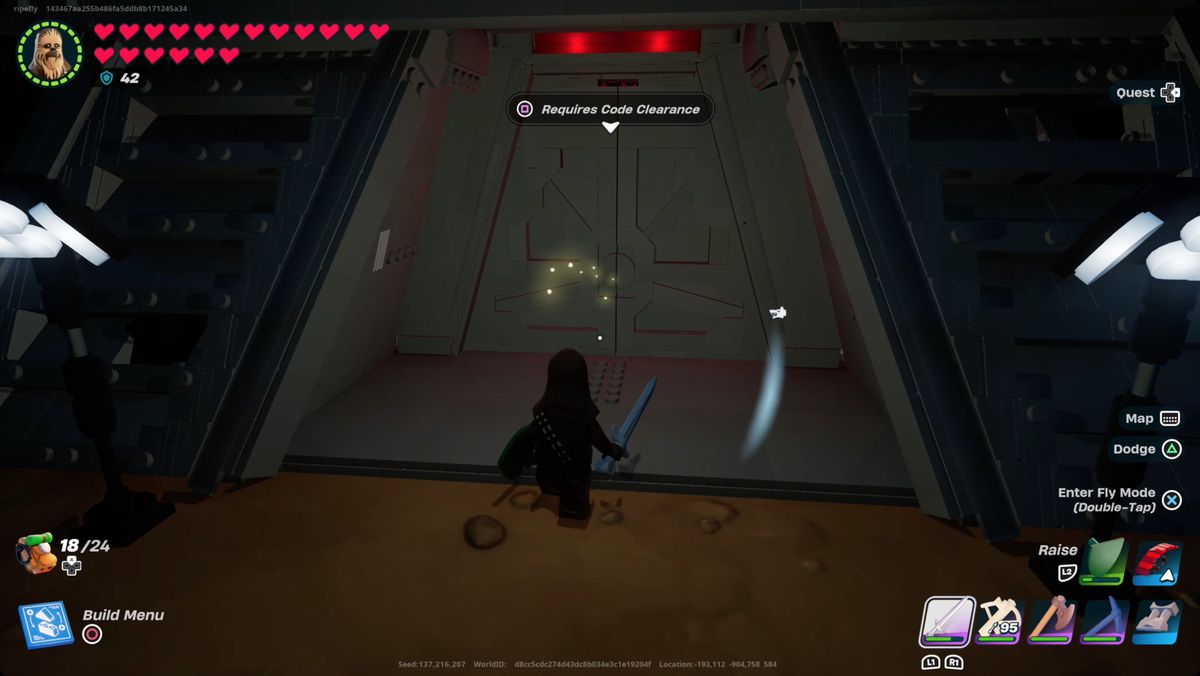 Star Wars Lego Fortnite player entering an Imperial bunker that requires Code Clearance