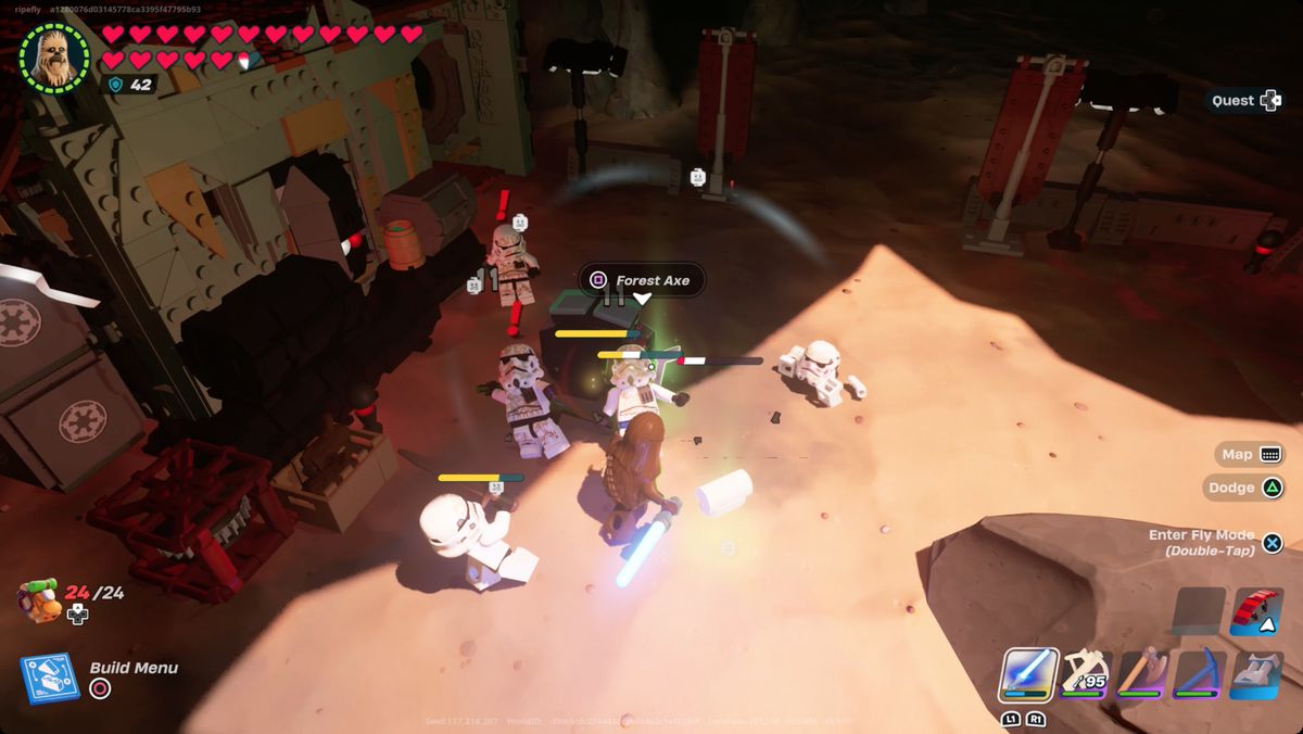 Lego Fortnite player fighting off a wave of Star Wars stormtroopers