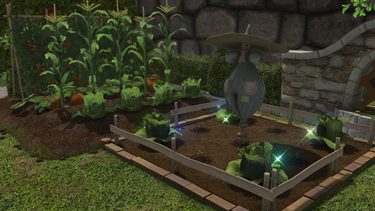 A garden plot in FFXIV with some cabbage-looking plants growing