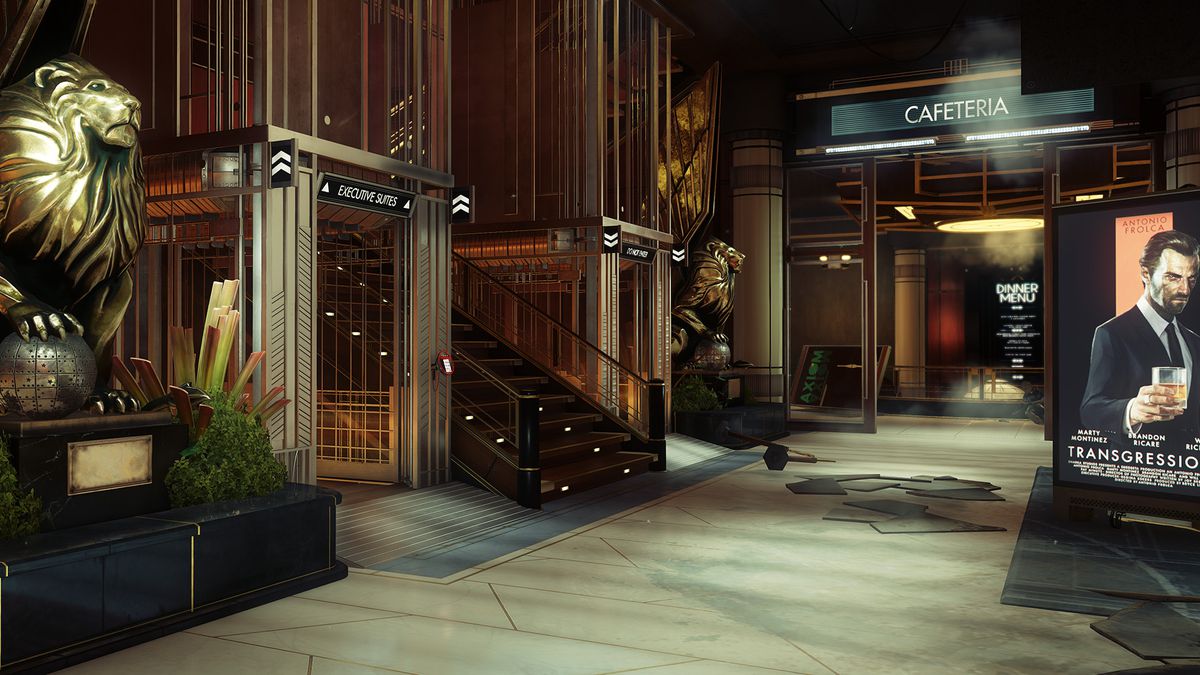 A lobby on the Talos I space station, with elevators to the left, and the cafeteria ahead. The lobby appears pristine, with a sculpted golden lion statue and an advertisement for a movie.