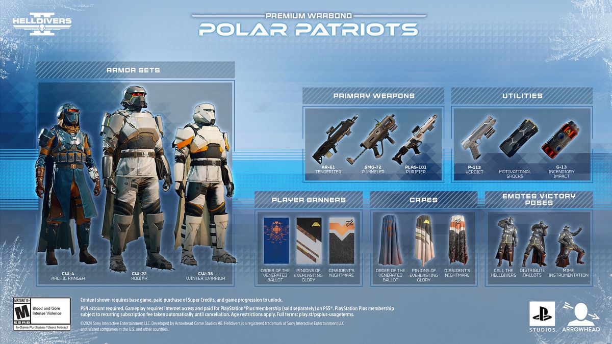 Key art for the Polar Patriots Warbond in Helldivers 2 shows the various unlockable rewards you can get.