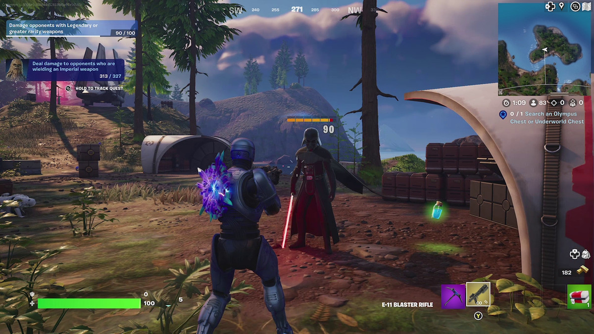 Robocop pointing a weapon at Darth Vader in Fortnite.