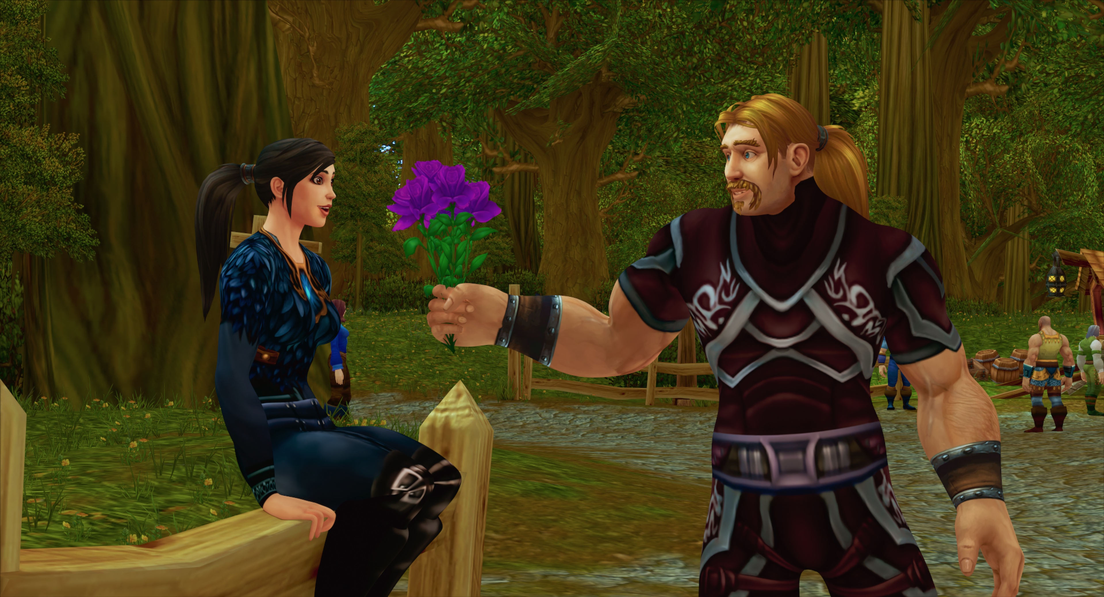 A standing male World of Warcraft character with a blonde ponytail and mustache offers a bouquet of purple flowers to a female character with a black ponytail who’s sitting on a split-rail fence in a forest in Netflix’s documentary The Remarkable Life of Ibelin