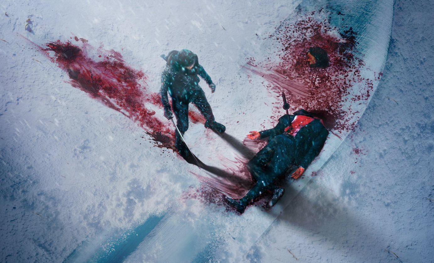 A woman with a sword stands over a decapitated body which has leaked blood onto the snow in a cropped poster for The Shadow Strays