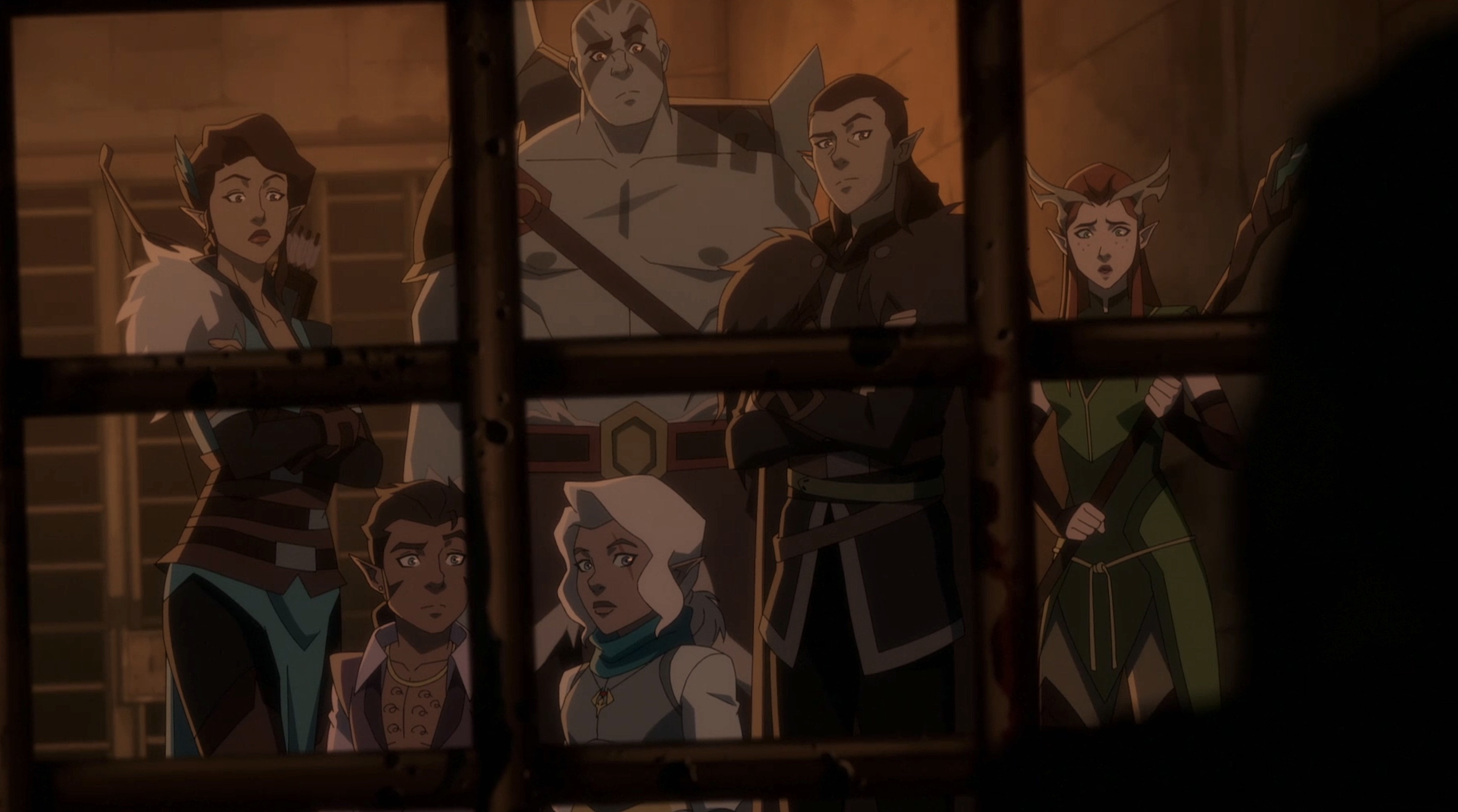 The member of Vox Machina stand outside a darkened prison cell, with various dubious or concerned looks on their face in The Legend of Vox Machina season 3