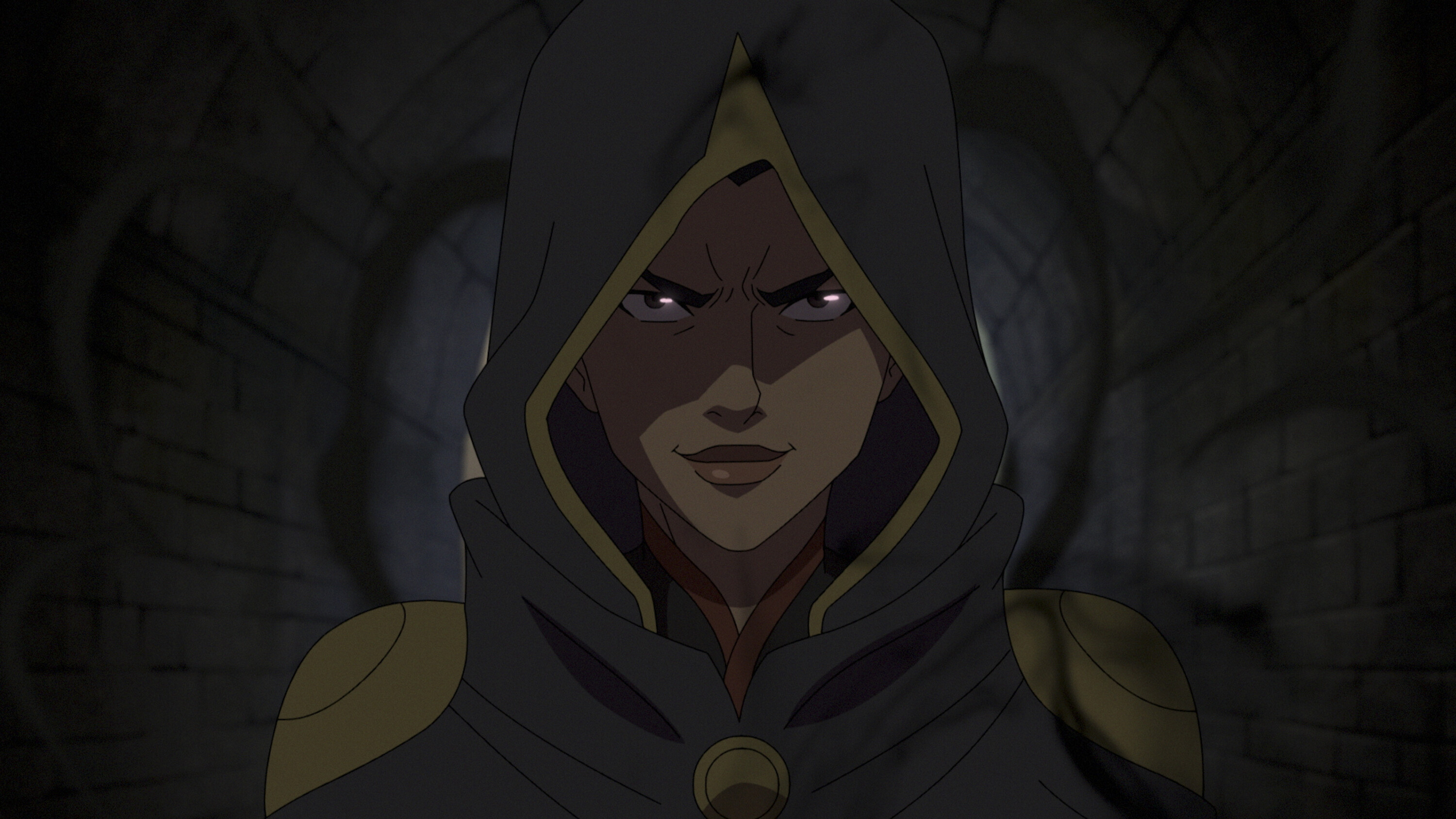 Anna Ripley smirking under a hood in The Legend of Vox Machina