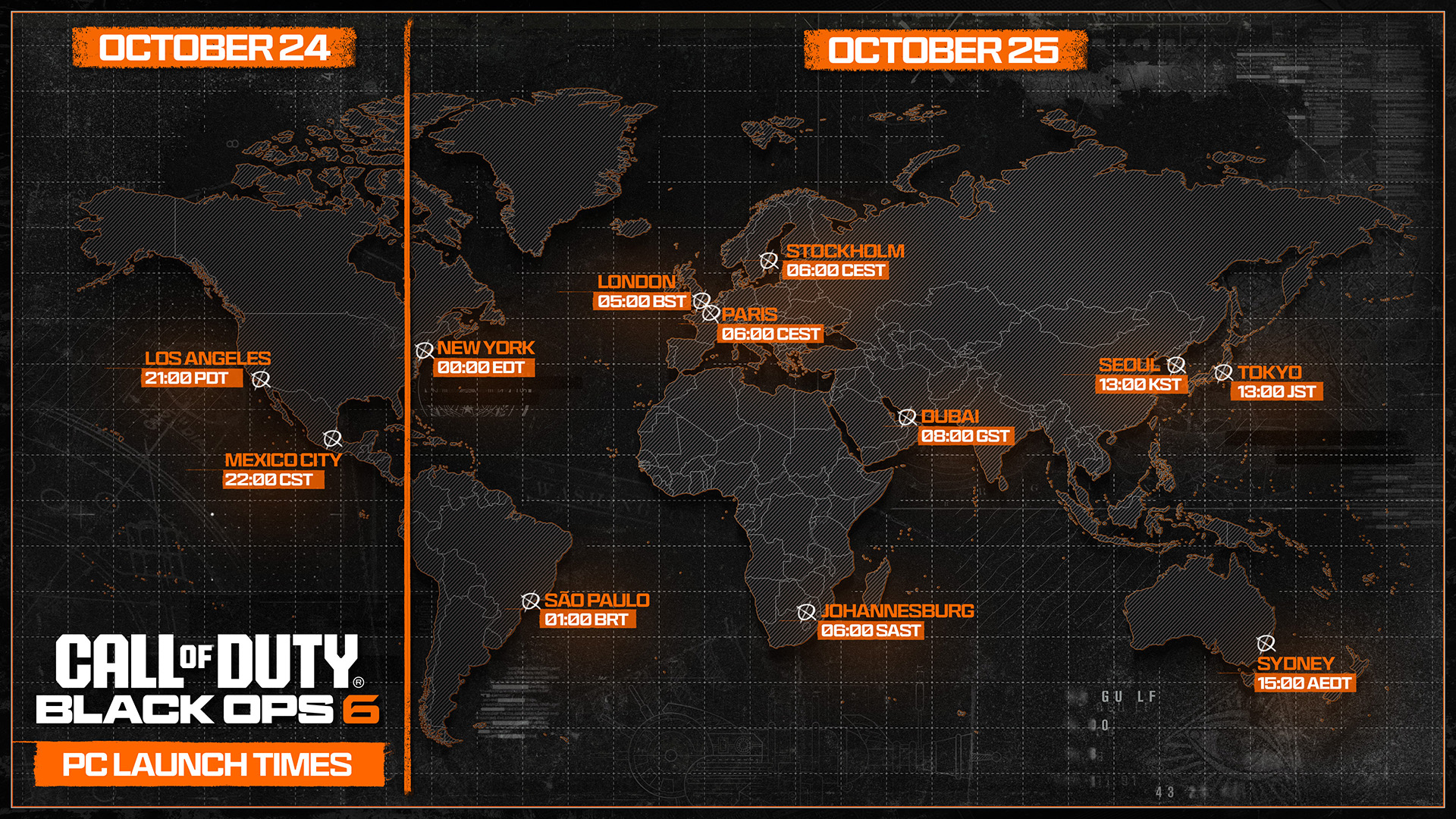 A map showing the release times for Call of Duty: Black Ops 6