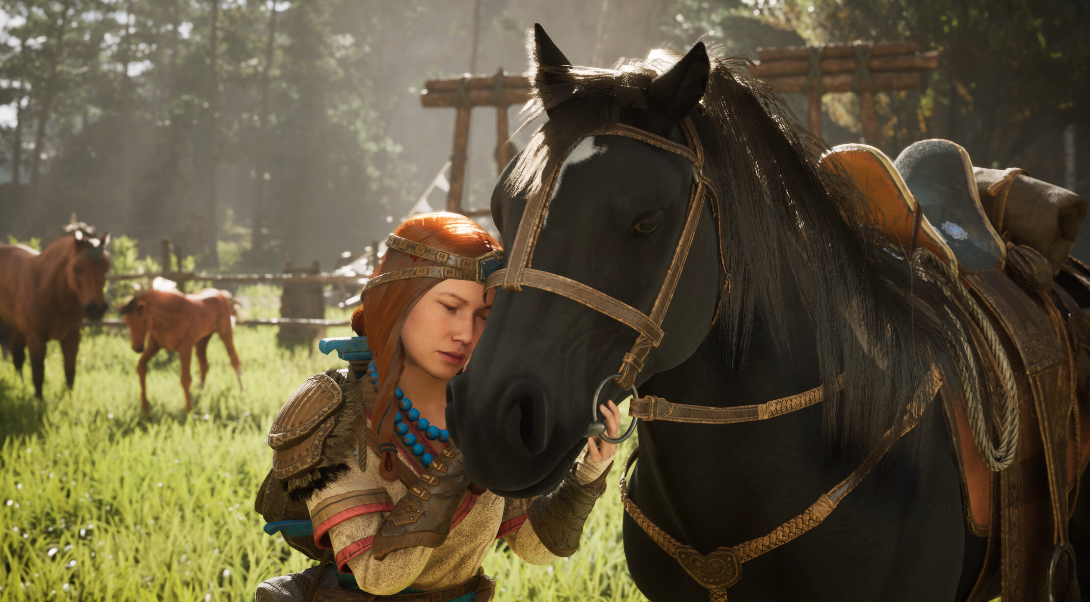 A screenshot from Windstorm: The Legend of Khiimori featuring a horse rider standing on the ground next to a black horse. The rider is pressing their face up against the horse’s face