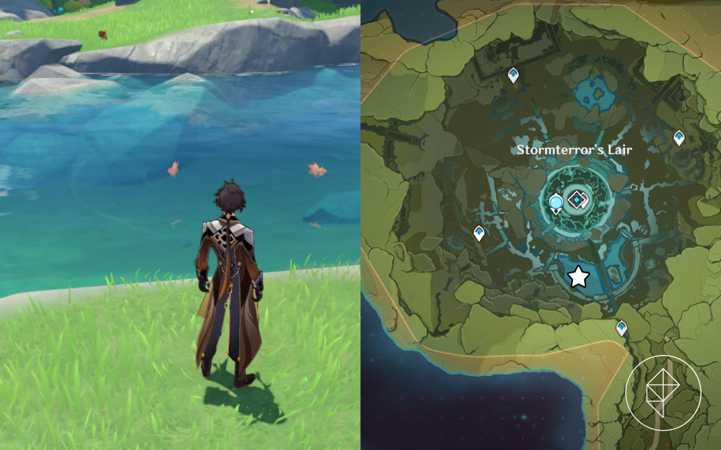 Zhongli stands in front of a lake of fish while a map points out where to find the fish south of Stormterror’s Lair