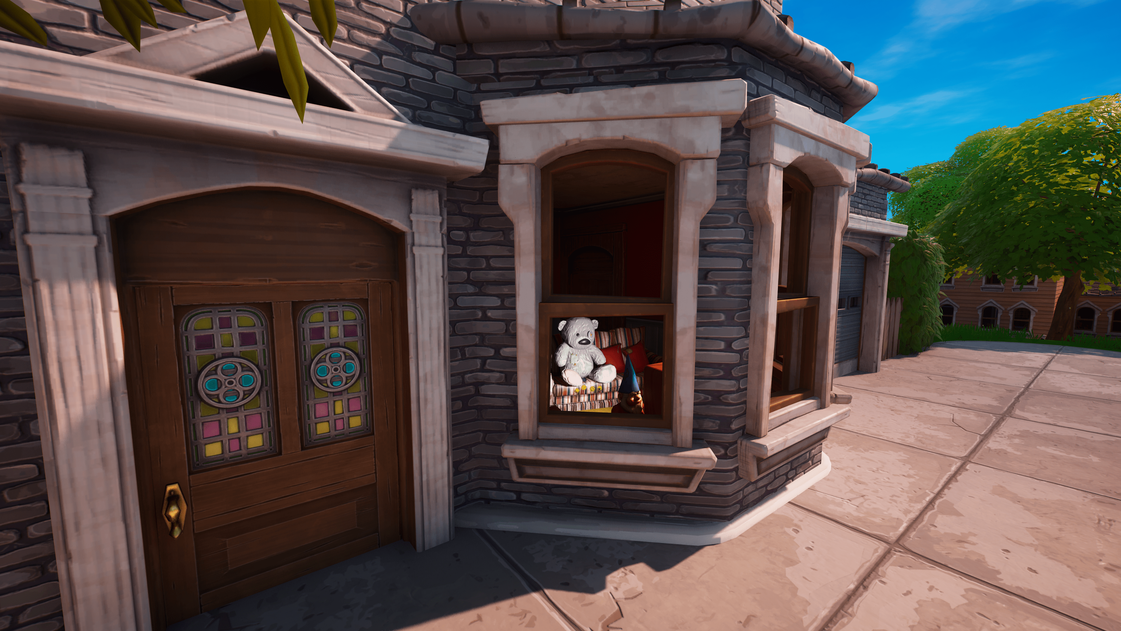 A gnome stands near a window in Fortnite Remix