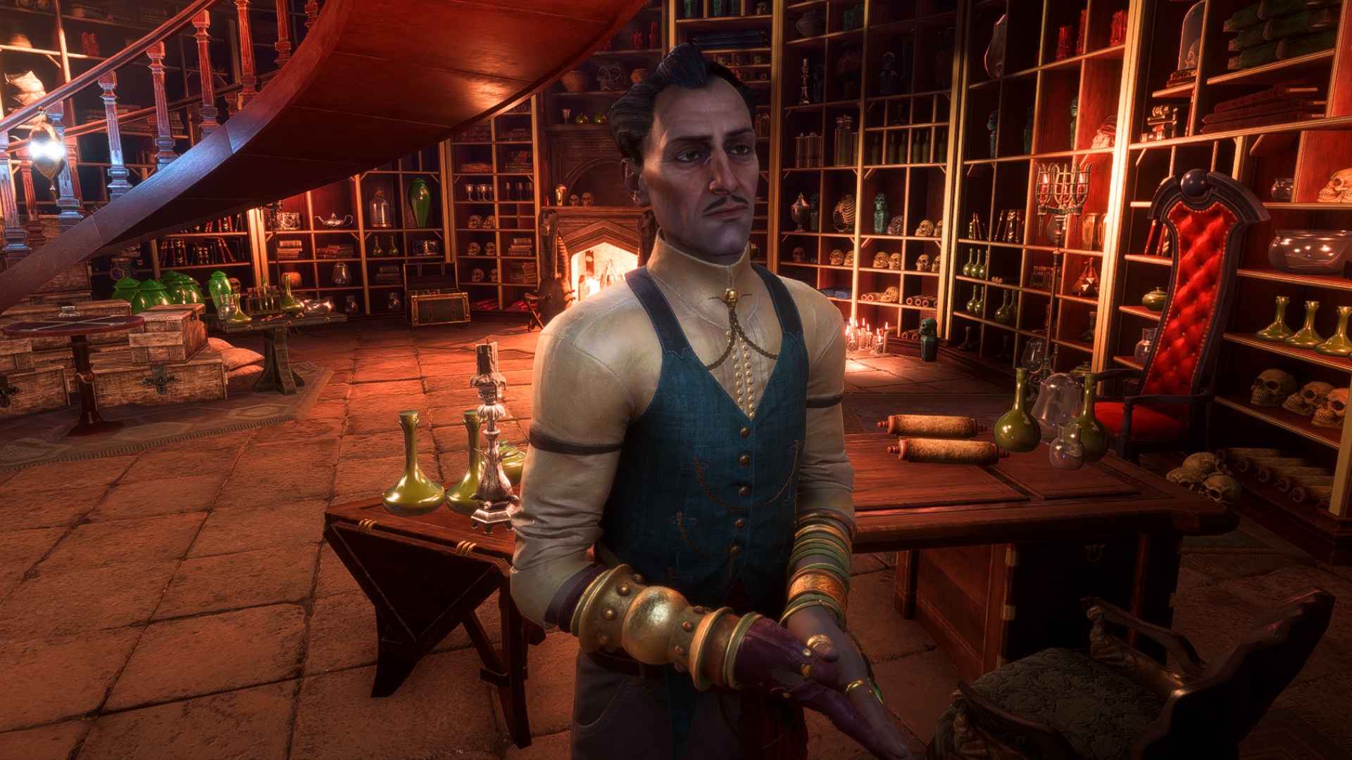 Emmrich Volkarin, a dapper necromancer with a Vincent Price-esque aesthetic, ponders in his expansive library in Dragon Age: The Veilguard