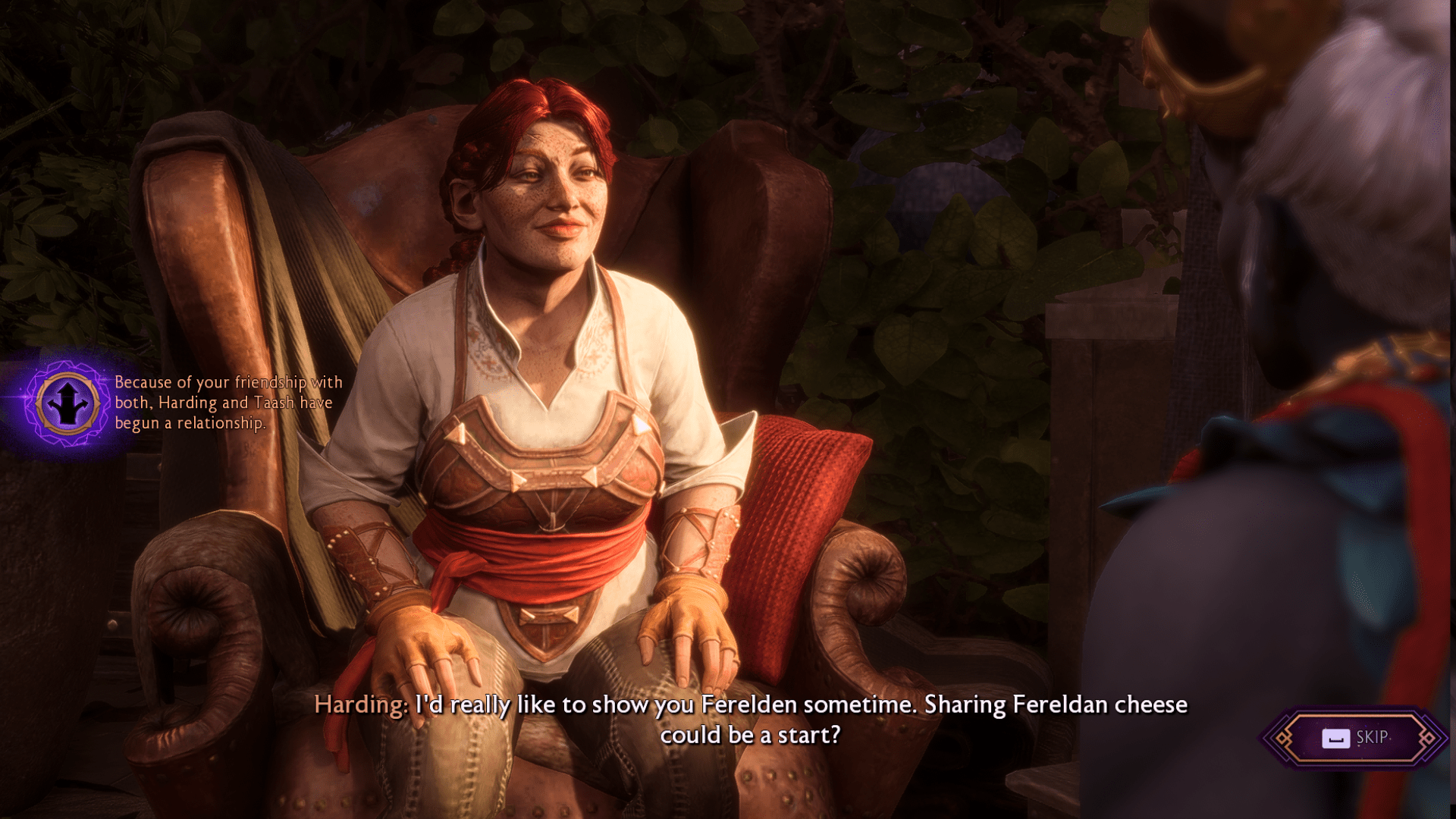 Scout Lace Harding, a red-headed dwarf wearing simple and rustic clothing, leans forward and enthuses about her love of cheese with the Qunari Taash in Dragon Age: The Veilguard