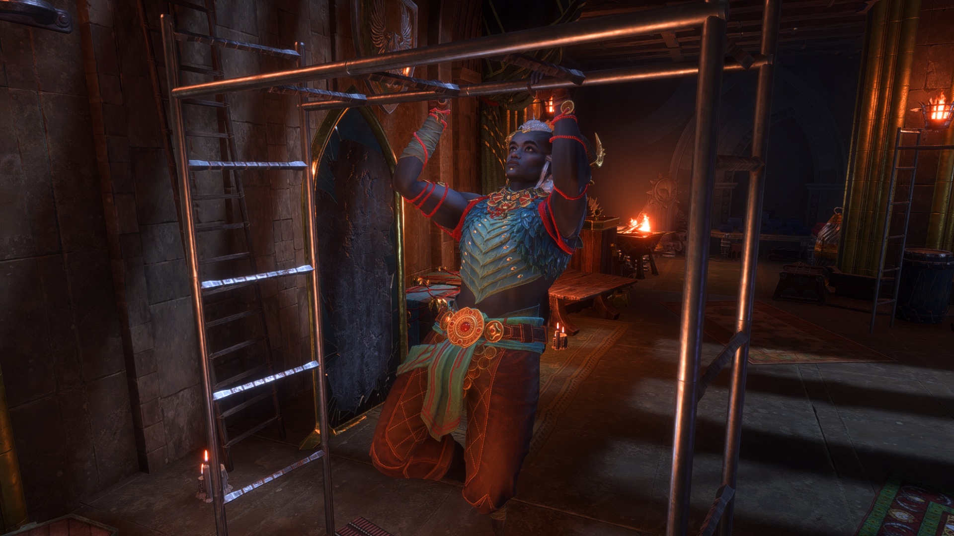 Taash, a young Qunari, does pull-ups on their gym equipment in the Lighthouse wearing scaled dragon slayer armor